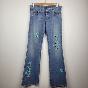 Lucky Brand Dungarees Lil Maggie Jean 29 Low-Rise Flare Upcycled Y2K USA Vintage